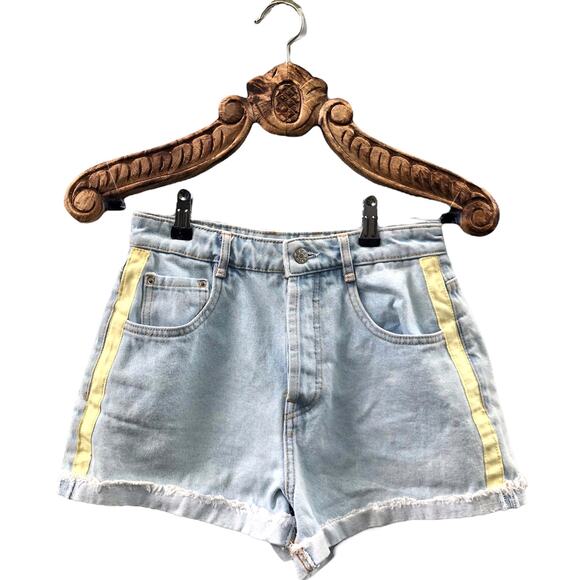 Zara Shorts High Rise Racer Stripe Light Wash Button Fly Rolled Cuff 4 - Picture 1 of 5